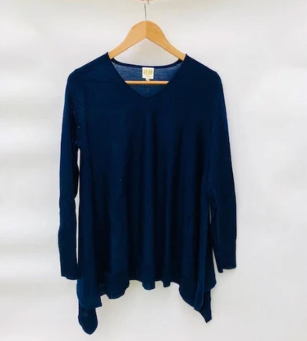 Boo Gemes San Tropez Sweater Navy Blue Semi-Sheer V-neck wool blend sz M/L